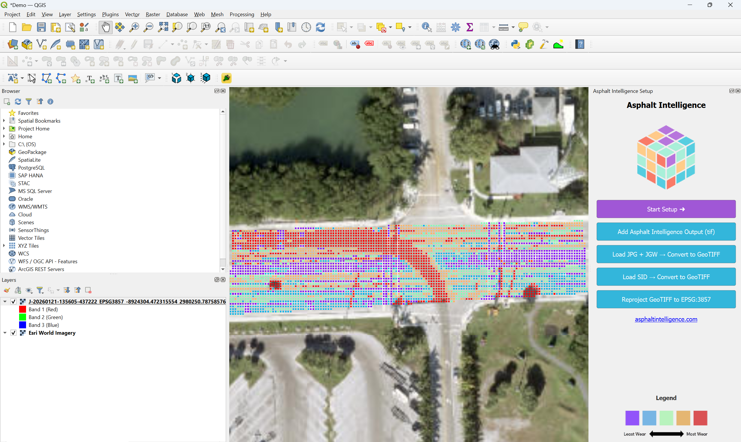 Asphalt Intelligence QGIS Plugin interface showing dock-based raster preparation tools