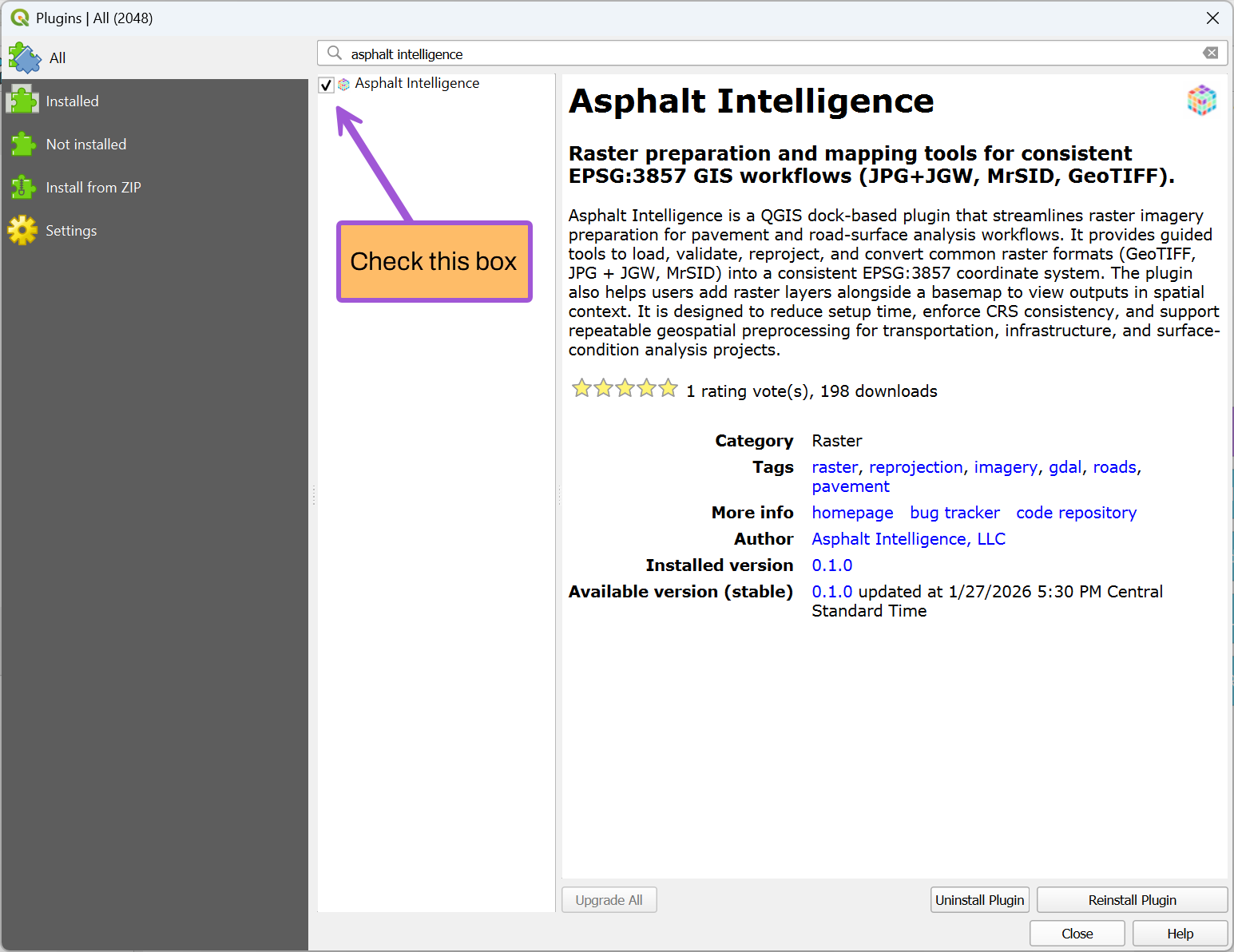 Ensure the Asphalt Intelligence plugin checkbox is enabled